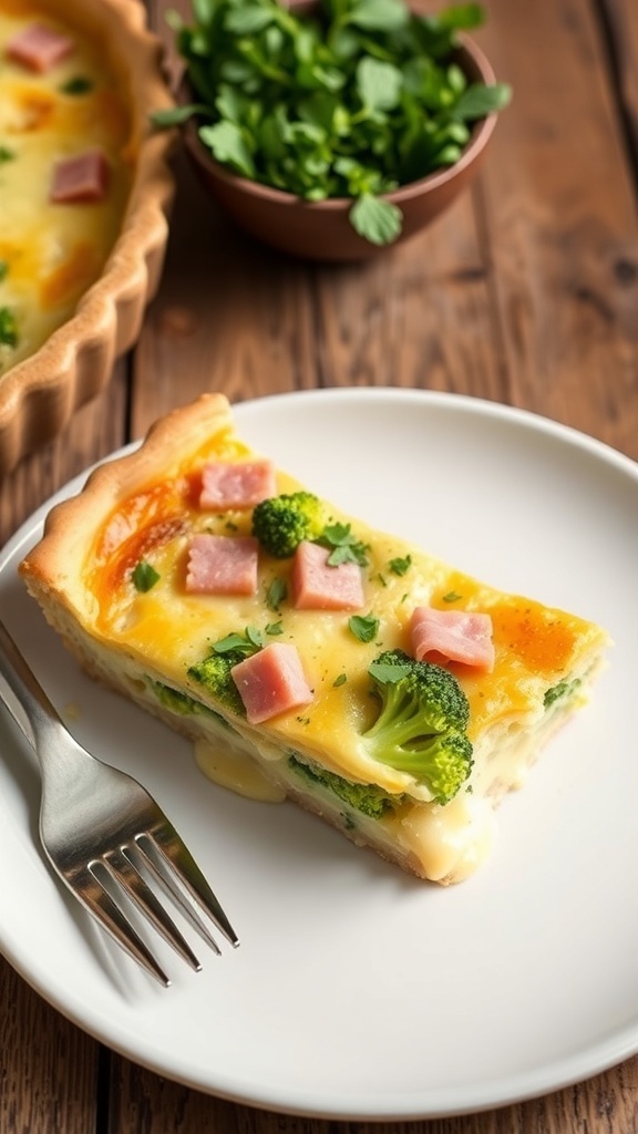 A slice of ham and broccoli quiche with a golden crust and creamy filling on a plate, garnished with herbs.